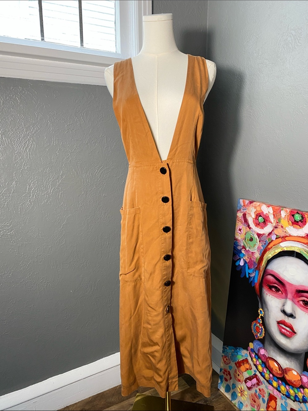 Forever 21 Mustard Yellow Pinafore Maxi Dress Medium Button Front Openback